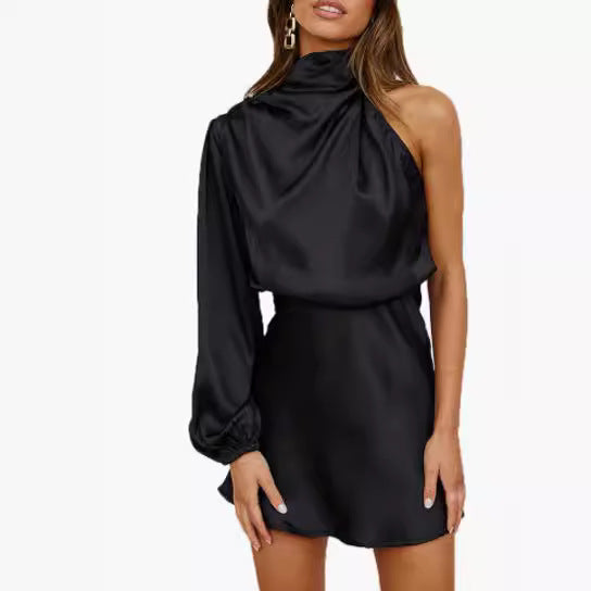 Spring 2024 Women's Satin Shoulder Long Sleeve Mini Skirt Silk Long Sleeve Crewneck Cocktail Skirt by DERILUJA LLC