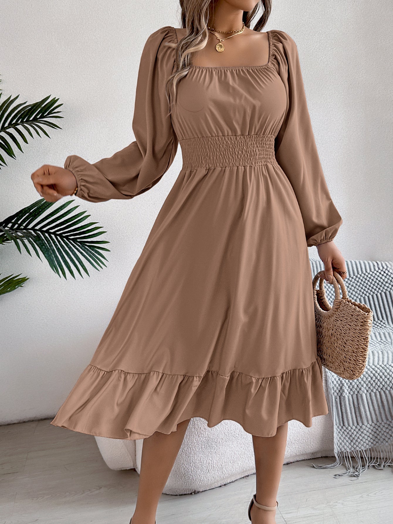 2026 Spring/Summer European and American Casual Solid Color Square Neck Long Sleeve Waist-Cinching Ruffle A-Line Dress Amazon Cross-Border Women's Clothing by DERILUJA LLC