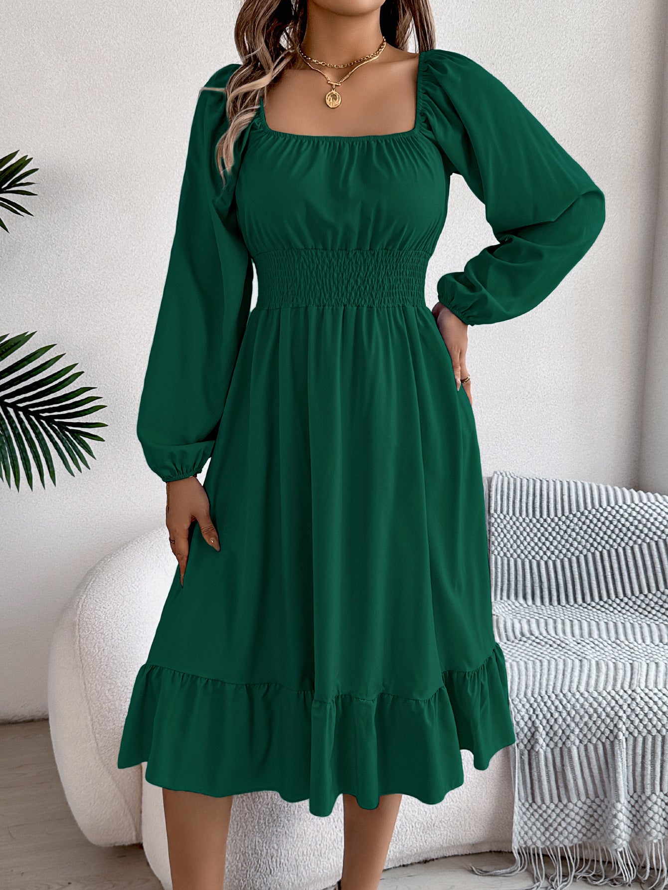 2026 Spring/Summer European and American Casual Solid Color Square Neck Long Sleeve Waist-Cinching Ruffle A-Line Dress Amazon Cross-Border Women's Clothing by DERILUJA LLC