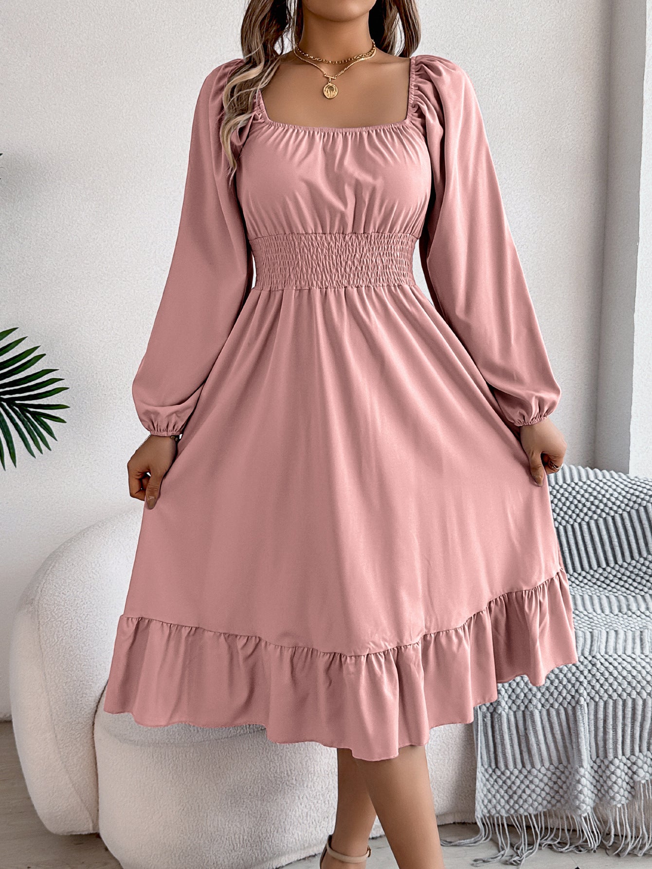 2026 Spring/Summer European and American Casual Solid Color Square Neck Long Sleeve Waist-Cinching Ruffle A-Line Dress Amazon Cross-Border Women's Clothing by DERILUJA LLC
