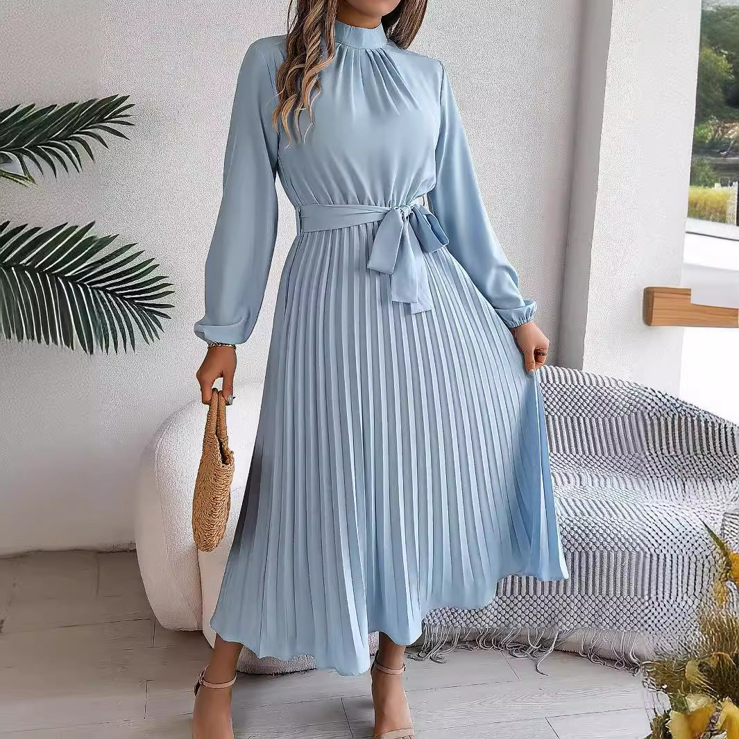 2026 European and American Spring/Summer Elegant Stand Collar Long Sleeve Waist-Cinched Pleated Long Dress Mini Dress Amazon Cross-Border Women's Clothing by DERILUJA LLC