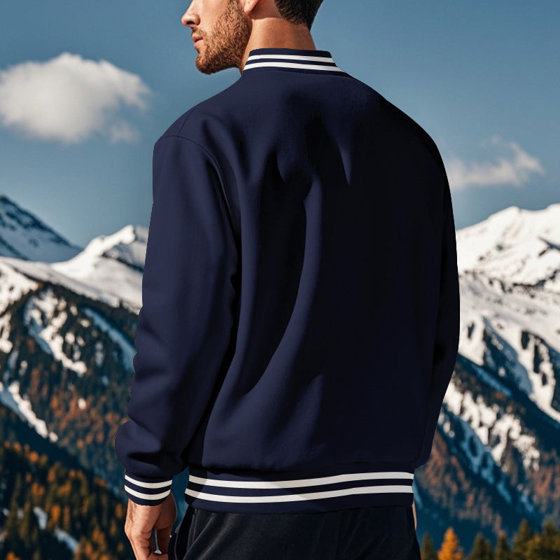 Cross-Border Men's Autumn and Winter Fleece American Retro Baseball Jacket Loose Casual Stand Collar Single-Breasted Men's Coat by DERILUJA LLC