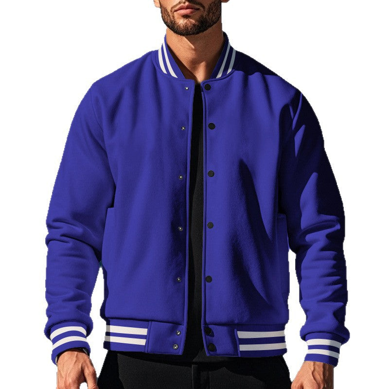 Cross-Border Men's Autumn and Winter Fleece American Retro Baseball Jacket Loose Casual Stand Collar Single-Breasted Men's Coat by DERILUJA LLC