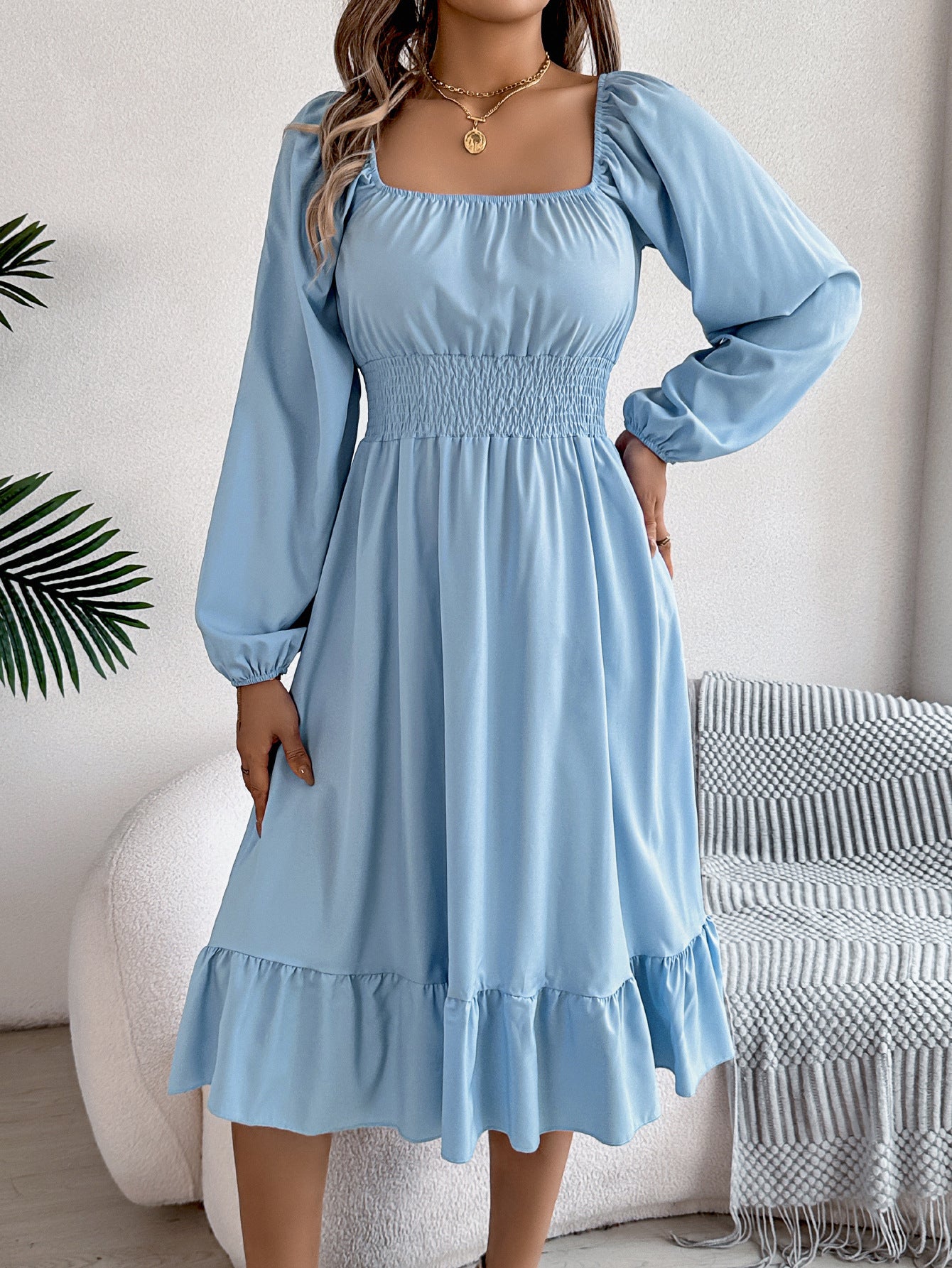 2026 Spring/Summer European and American Casual Solid Color Square Neck Long Sleeve Waist-Cinching Ruffle A-Line Dress Amazon Cross-Border Women's Clothing by DERILUJA LLC