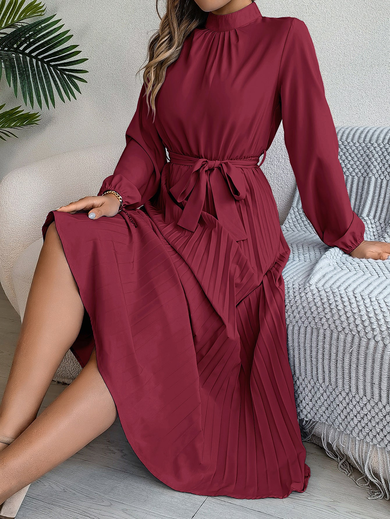 2026 European and American Spring/Summer Elegant Stand Collar Long Sleeve Waist-Cinched Pleated Long Dress Mini Dress Amazon Cross-Border Women's Clothing by DERILUJA LLC