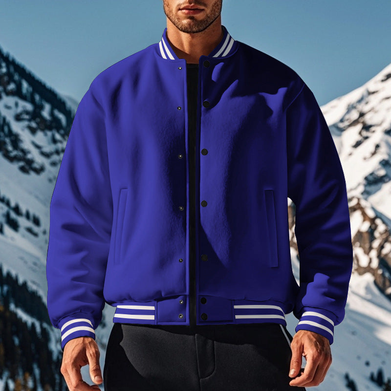 Cross-Border Men's Autumn and Winter Fleece American Retro Baseball Jacket Loose Casual Stand Collar Single-Breasted Men's Coat by DERILUJA LLC