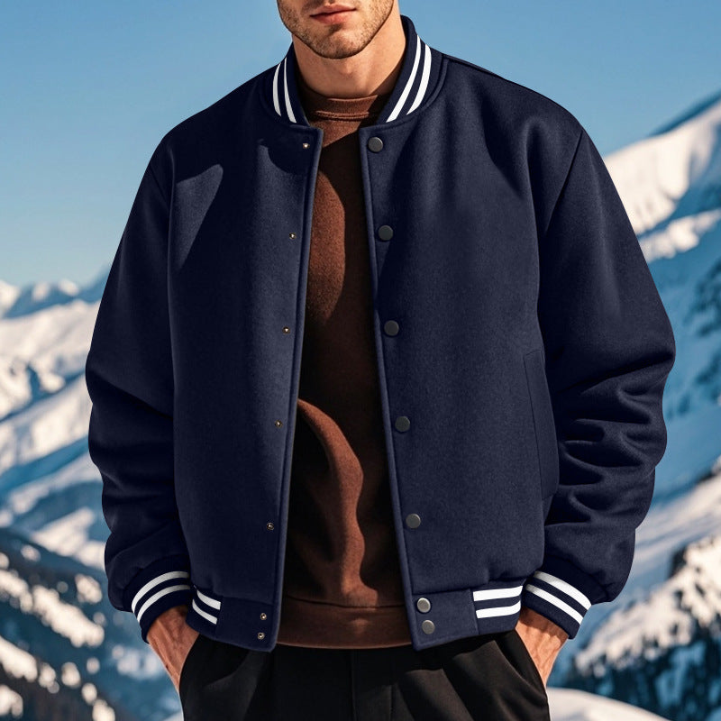 Cross-Border Men's Autumn and Winter Fleece American Retro Baseball Jacket Loose Casual Stand Collar Single-Breasted Men's Coat by DERILUJA LLC