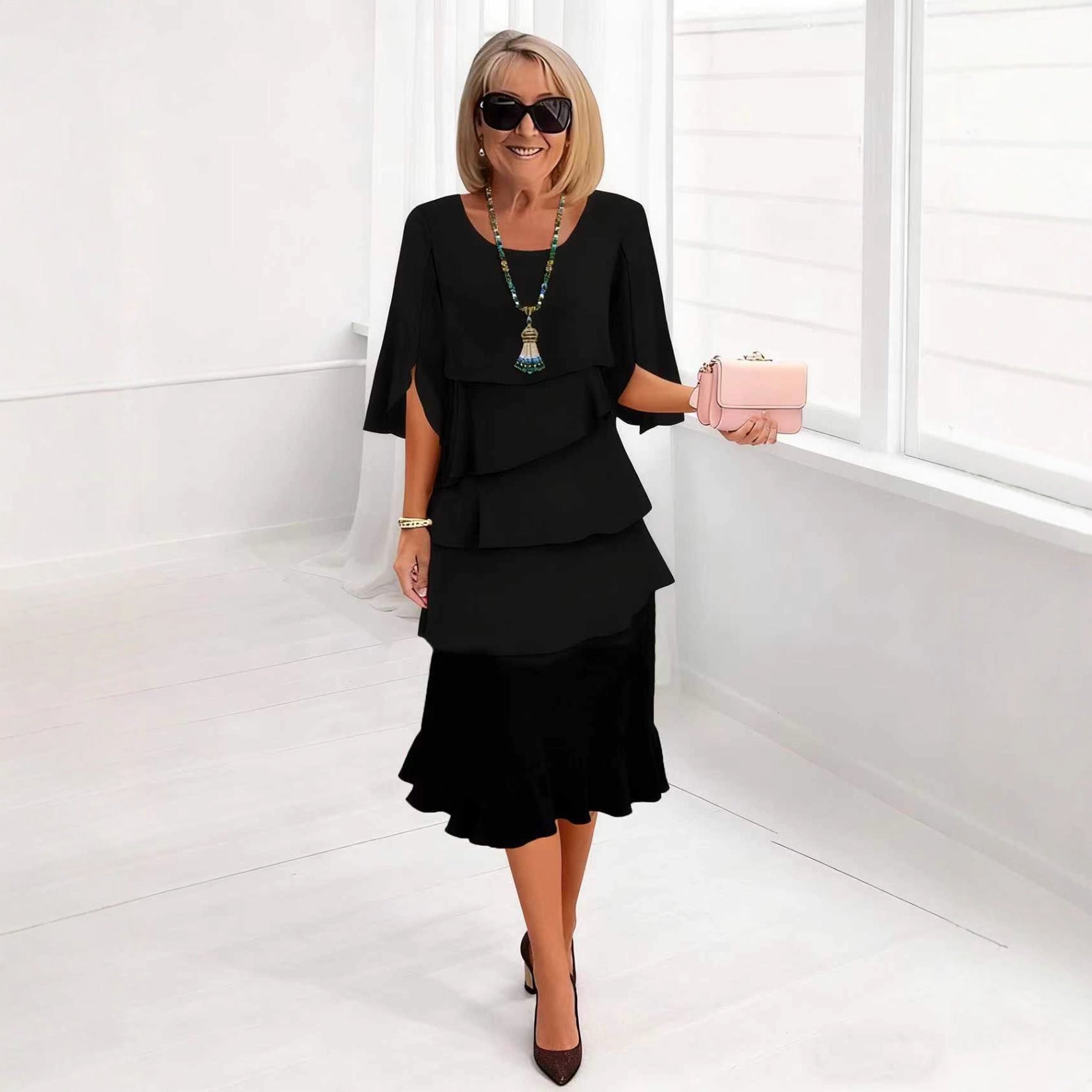 2025 New Amazon Foreign Trade Spring and Summer Fashion Cake Dress Women's Elegant Loose Slimming Round Neck Dress Women by DERILUJA LLC