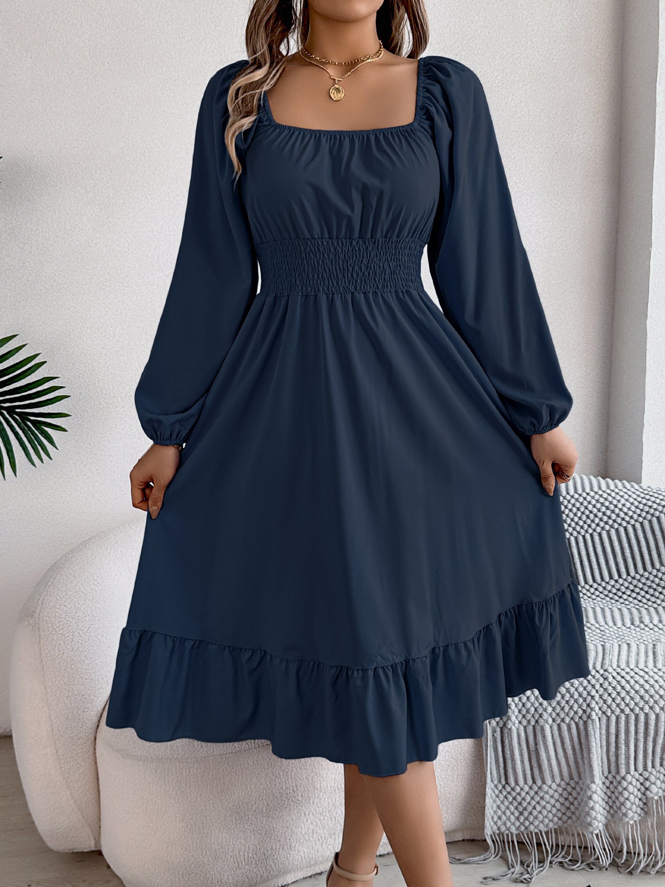2026 Spring/Summer European and American Casual Solid Color Square Neck Long Sleeve Waist-Cinching Ruffle A-Line Dress Amazon Cross-Border Women's Clothing by DERILUJA LLC