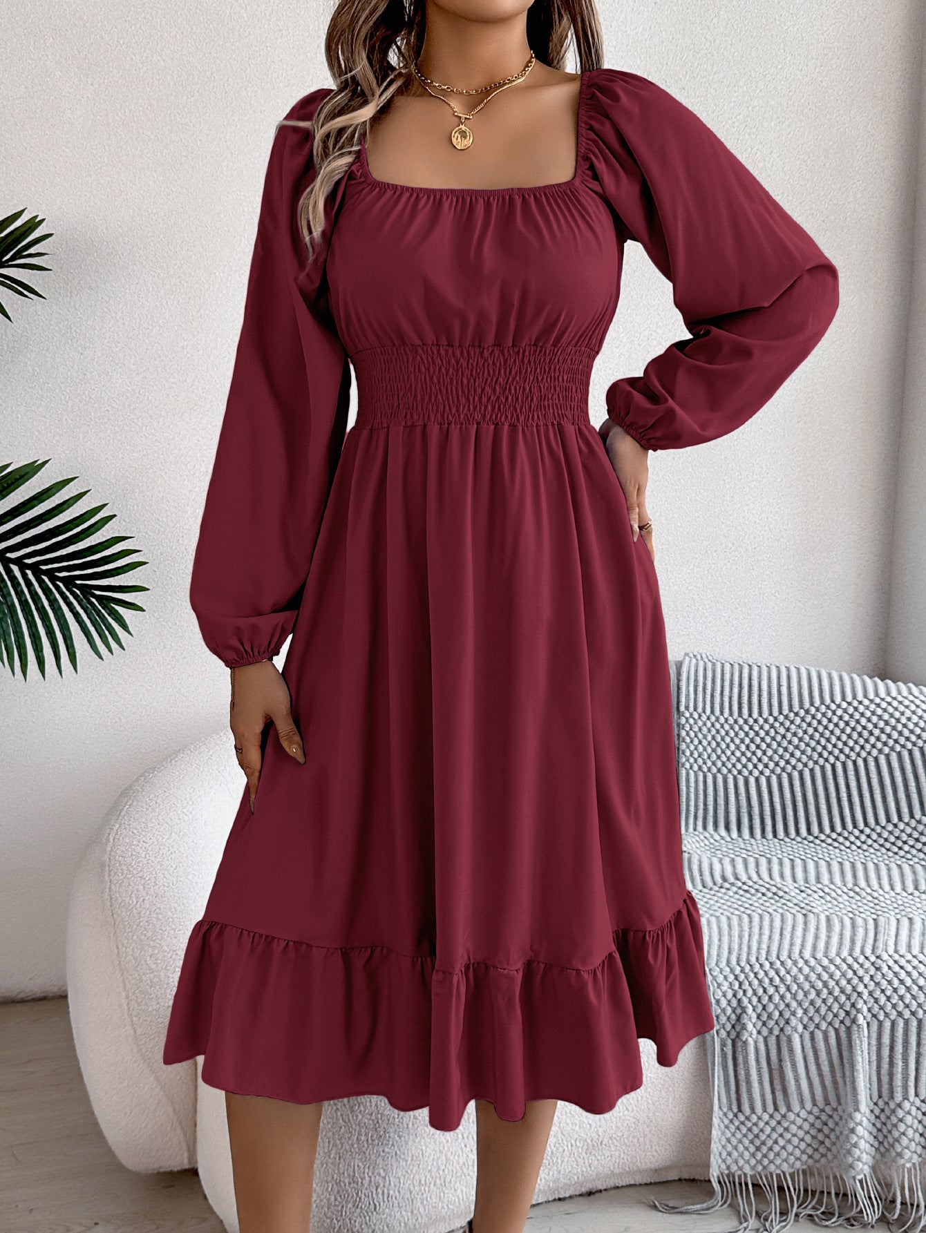 2026 Spring/Summer European and American Casual Solid Color Square Neck Long Sleeve Waist-Cinching Ruffle A-Line Dress Amazon Cross-Border Women's Clothing by DERILUJA LLC