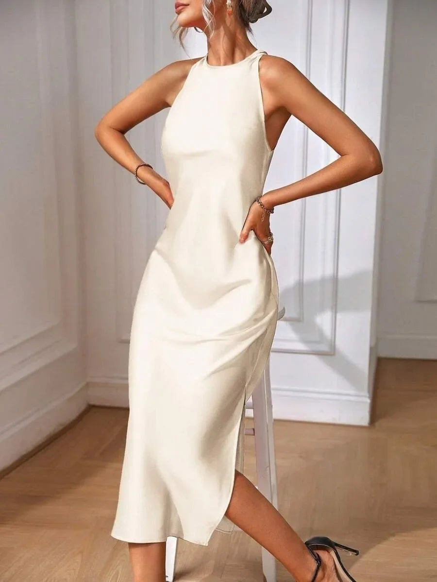 European and American Cross-Border Amazon Satin Dress Women's Spring and Summer Sleeveless Slit Satin Imitation Silk Long Skirt by DERILUJA LLC