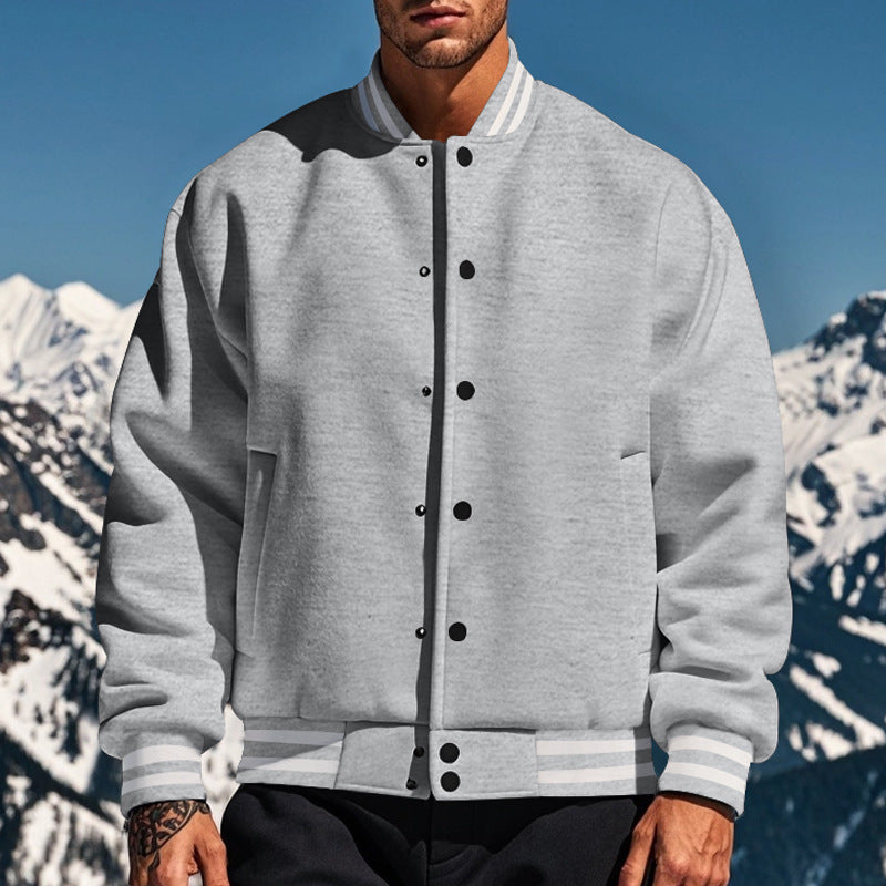 Cross-Border Men's Autumn and Winter Fleece American Retro Baseball Jacket Loose Casual Stand Collar Single-Breasted Men's Coat by DERILUJA LLC
