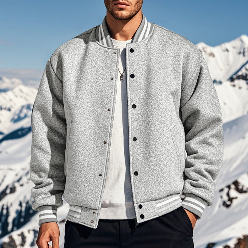 Cross-Border Men's Autumn and Winter Fleece American Retro Baseball Jacket Loose Casual Stand Collar Single-Breasted Men's Coat by DERILUJA LLC