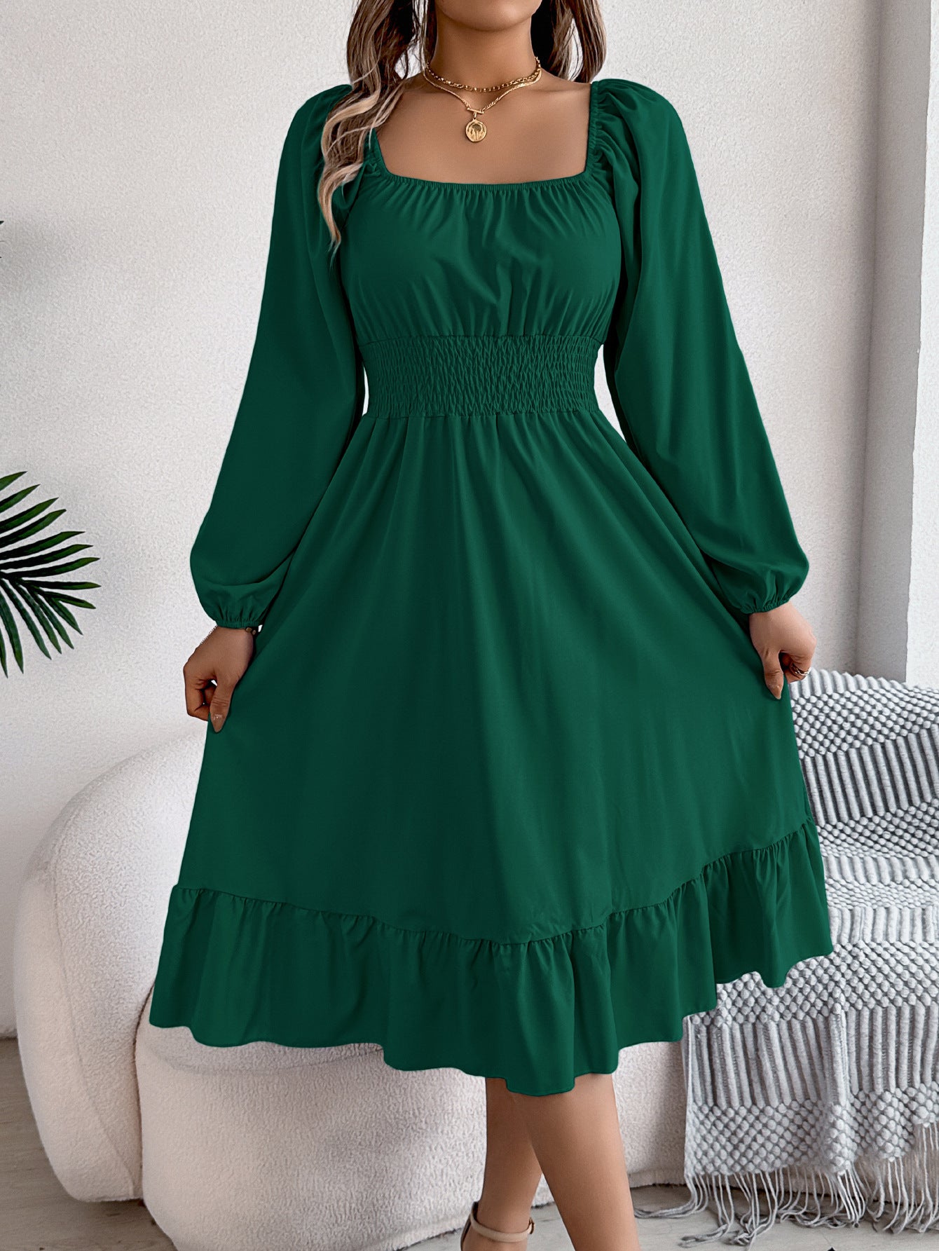 2026 Spring/Summer European and American Casual Solid Color Square Neck Long Sleeve Waist-Cinching Ruffle A-Line Dress Amazon Cross-Border Women's Clothing by DERILUJA LLC