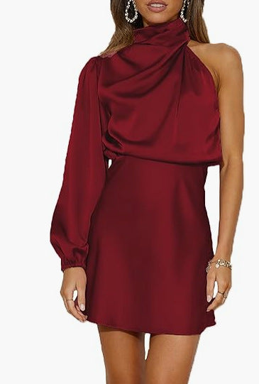 Spring 2024 Women's Satin Shoulder Long Sleeve Mini Skirt Silk Long Sleeve Crewneck Cocktail Skirt by DERILUJA LLC