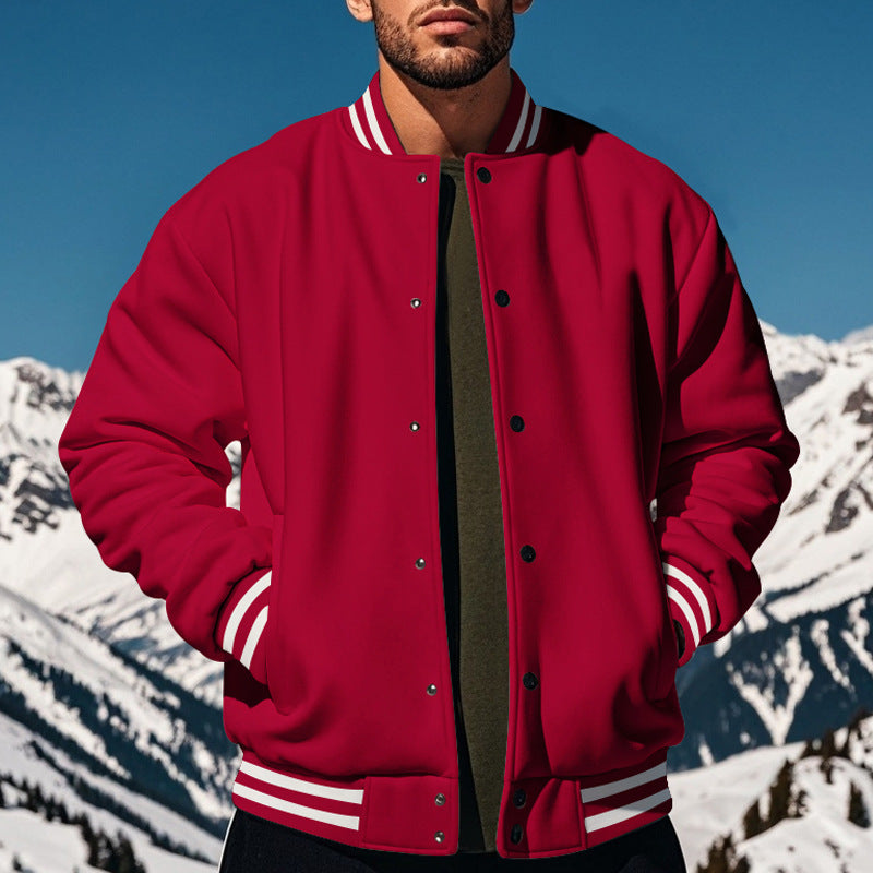 Cross-Border Men's Autumn and Winter Fleece American Retro Baseball Jacket Loose Casual Stand Collar Single-Breasted Men's Coat by DERILUJA LLC