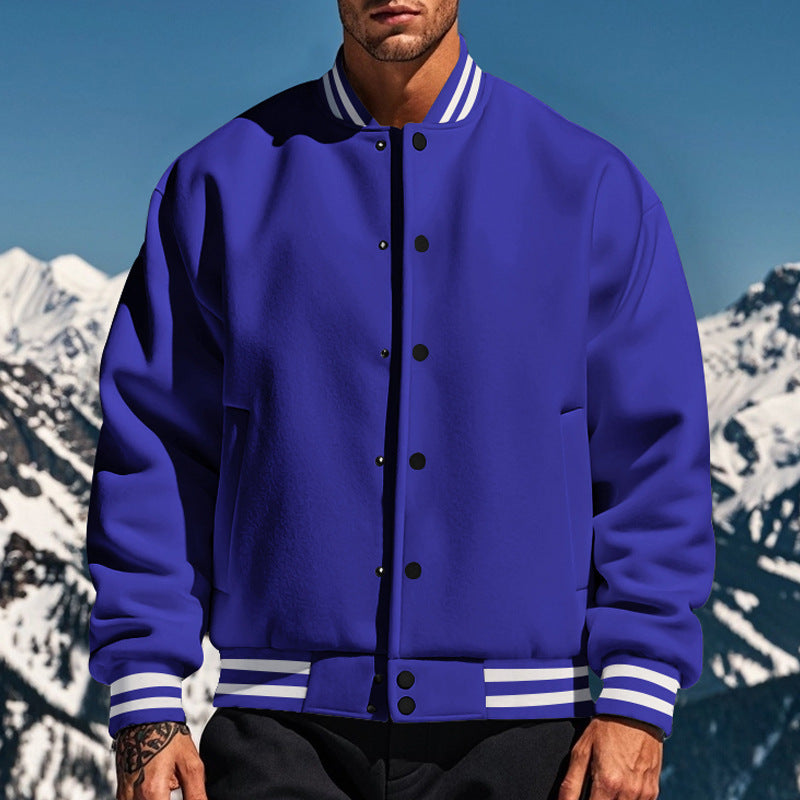 Cross-Border Men's Autumn and Winter Fleece American Retro Baseball Jacket Loose Casual Stand Collar Single-Breasted Men's Coat by DERILUJA LLC