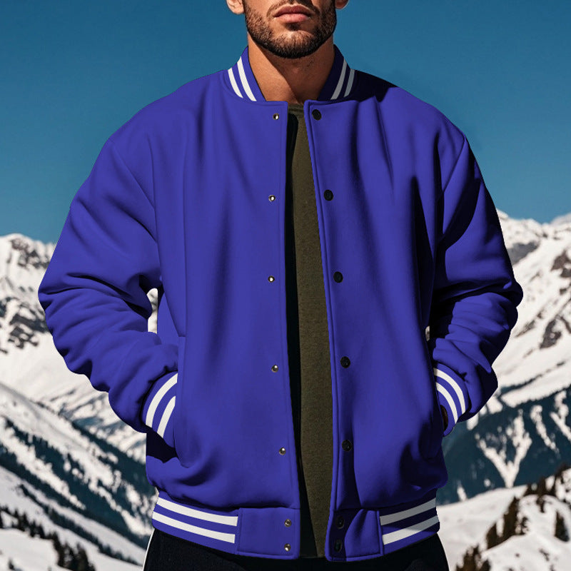 Cross-Border Men's Autumn and Winter Fleece American Retro Baseball Jacket Loose Casual Stand Collar Single-Breasted Men's Coat by DERILUJA LLC