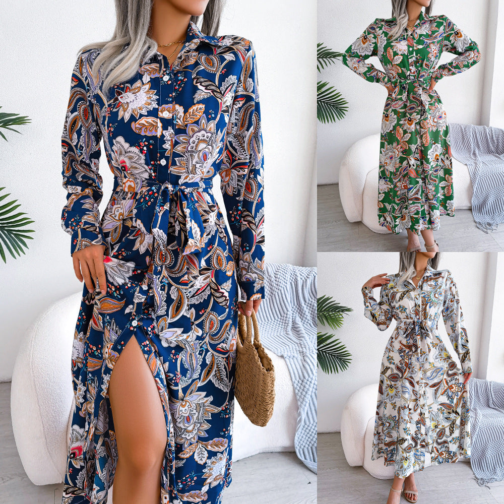 2026 Spring/Summer European and American Retro Floral Lapel Tie Shirt Dress Long Dress Amazon Cross-Border Women's Clothing by DERILUJA LLC
