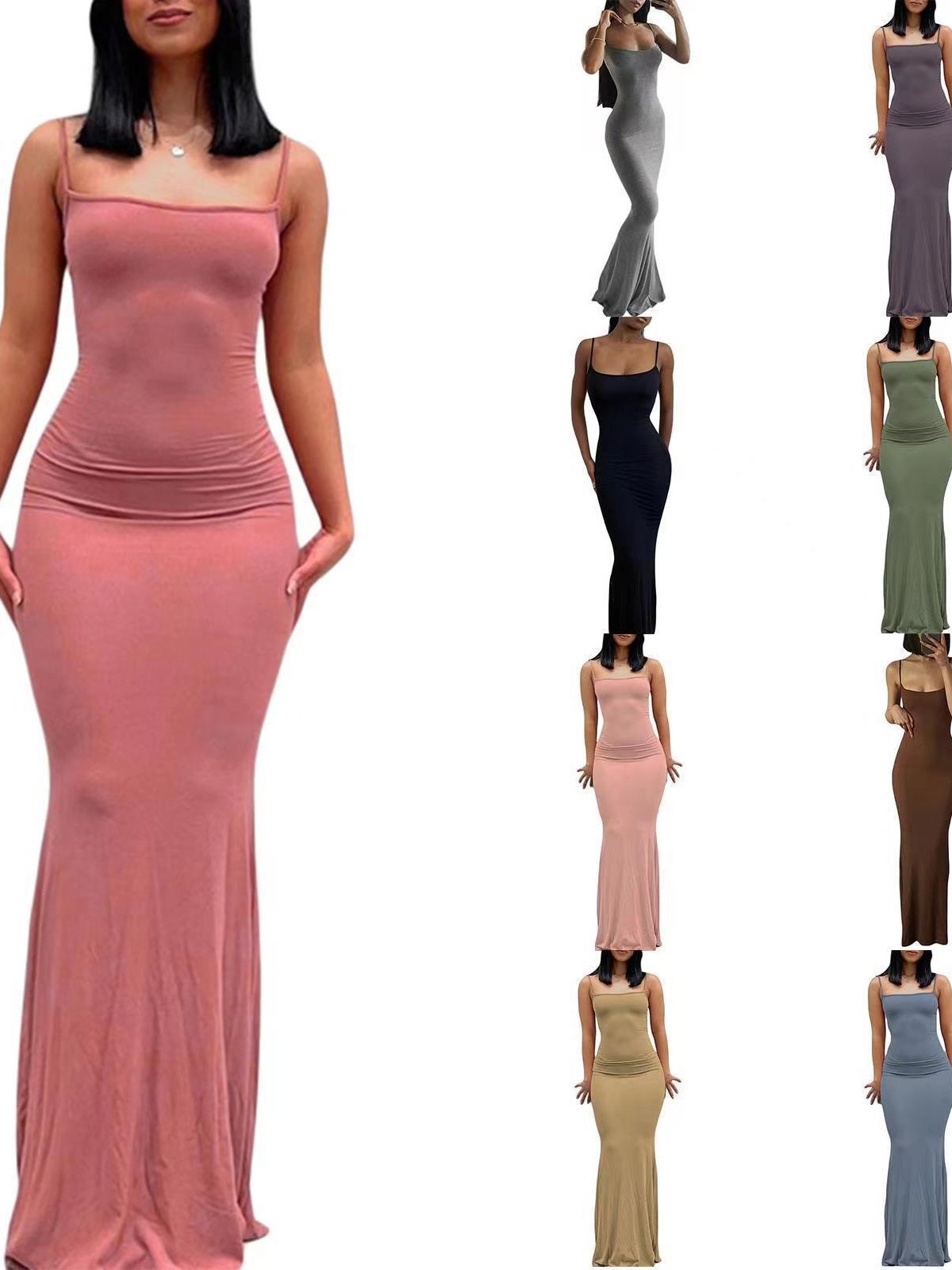 Sling dress European and American Women's High-end Sense Pure Desire Hip Skirt Sexy Slim-fit Milk Silk Long Fishtail Skirt by DERILUJA LLC