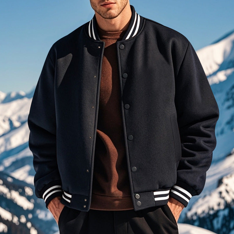 Cross-Border Men's Autumn and Winter Fleece American Retro Baseball Jacket Loose Casual Stand Collar Single-Breasted Men's Coat by DERILUJA LLC