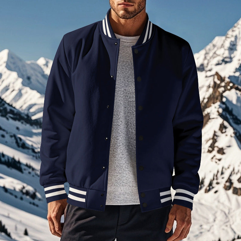 Cross-Border Men's Autumn and Winter Fleece American Retro Baseball Jacket Loose Casual Stand Collar Single-Breasted Men's Coat by DERILUJA LLC