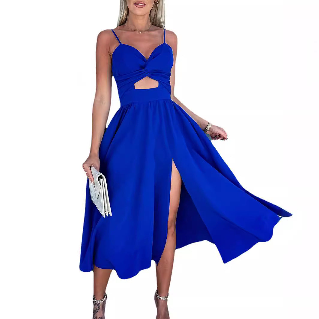 Europe and the United States cross-border foreign trade new women's Amazon suspenders V-neck large pendulum dress slim-fit backless mid-length dress by DERILUJA LLC