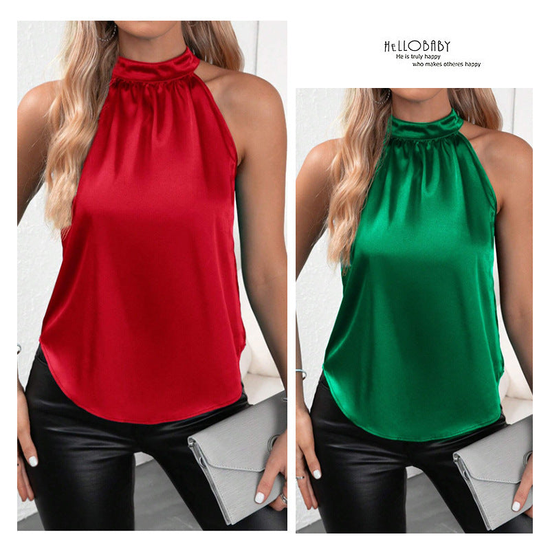 Amazon 2026 European and American Cross-Border Foreign Trade Summer New Satin Vest for Women, Solid Color Off-Shoulder Halter Neck Sleeveless Top by DERILUJA LLC