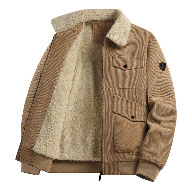 Winter Plus Size Men's New Corduroy Lambskin Cotton-padded Coat Warm Overalls Lapel Cotton-padded Coat Young and Middle-aged Jacket by DERILUJA LLC