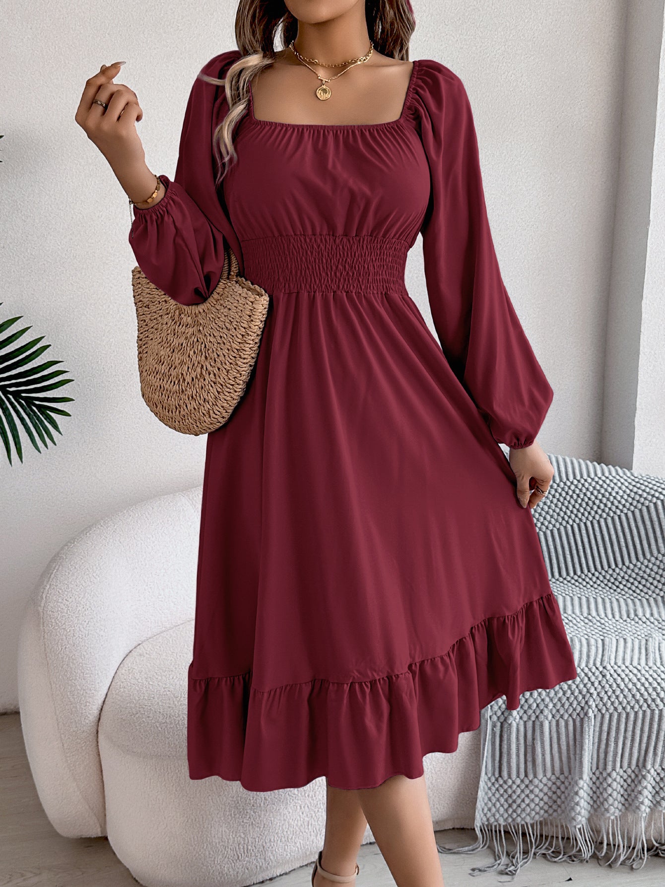 2026 Spring/Summer European and American Casual Solid Color Square Neck Long Sleeve Waist-Cinching Ruffle A-Line Dress Amazon Cross-Border Women's Clothing by DERILUJA LLC