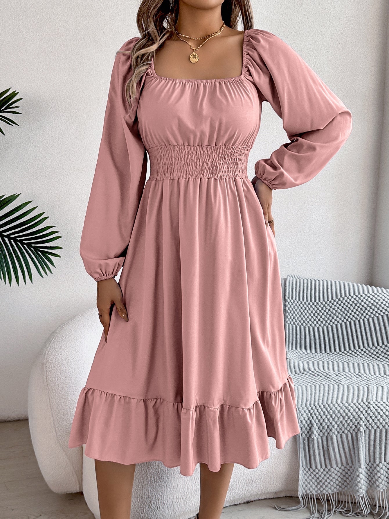 2026 Spring/Summer European and American Casual Solid Color Square Neck Long Sleeve Waist-Cinching Ruffle A-Line Dress Amazon Cross-Border Women's Clothing by DERILUJA LLC