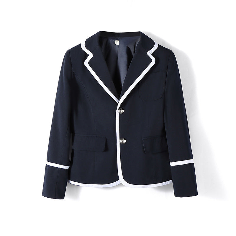 Unisex Preppy School Uniform Blazer – Multiple Trim Styles — Women’s Navy & White Trim