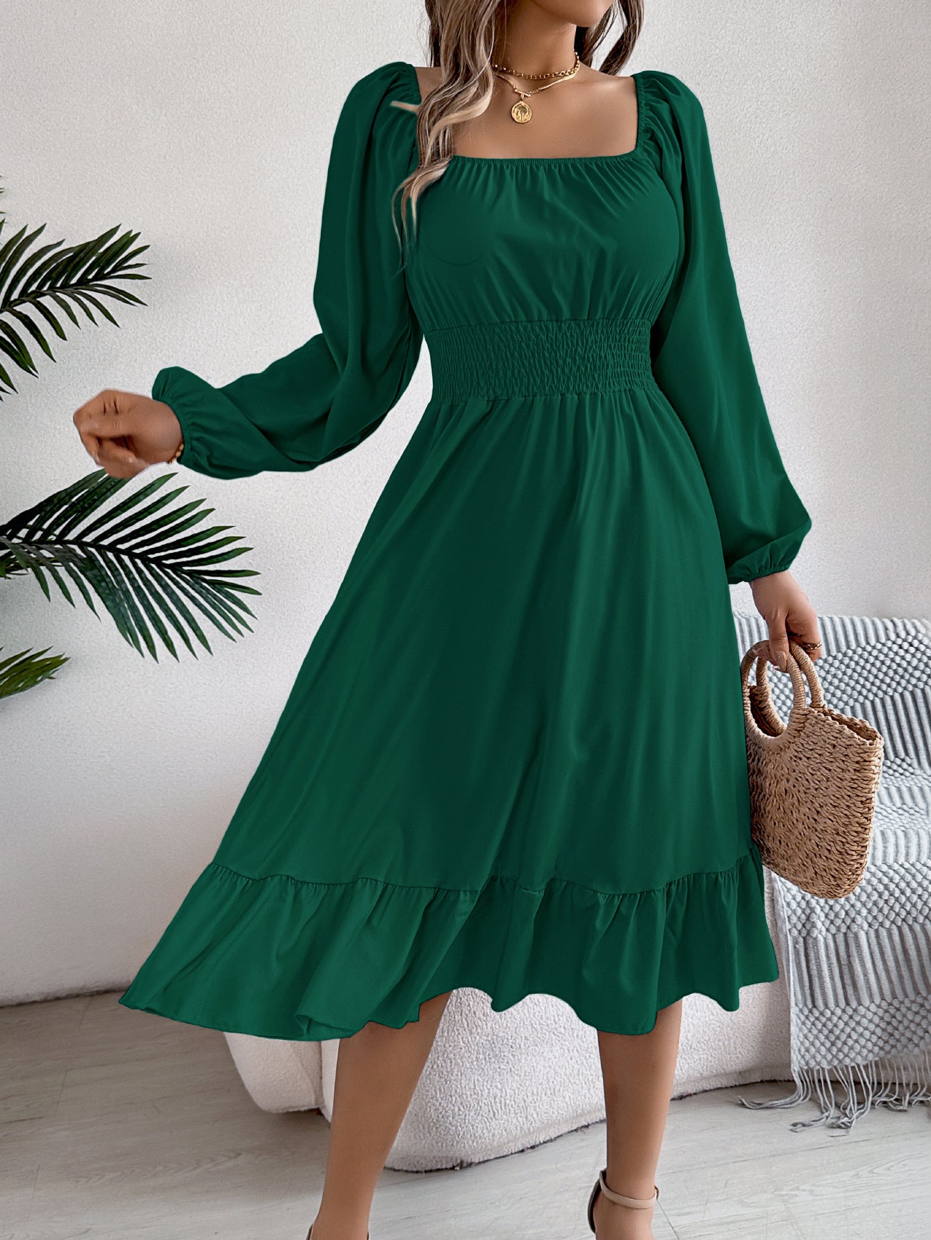 2026 Spring/Summer European and American Casual Solid Color Square Neck Long Sleeve Waist-Cinching Ruffle A-Line Dress Amazon Cross-Border Women's Clothing by DERILUJA LLC