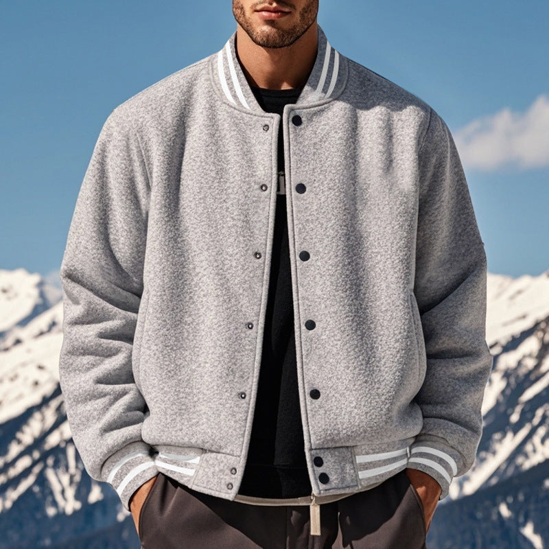 Cross-Border Men's Autumn and Winter Fleece American Retro Baseball Jacket Loose Casual Stand Collar Single-Breasted Men's Coat by DERILUJA LLC