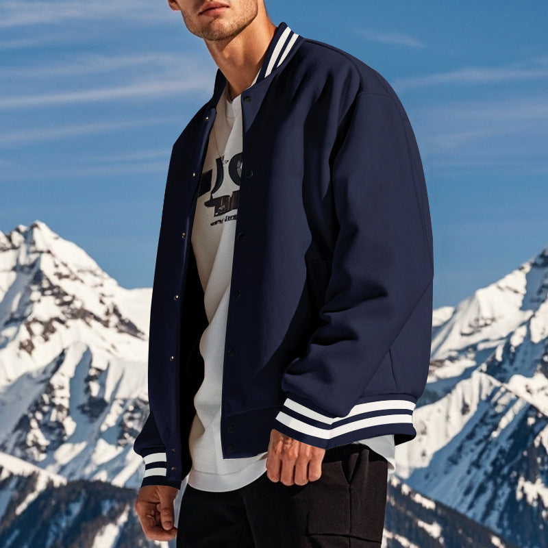 Cross-Border Men's Autumn and Winter Fleece American Retro Baseball Jacket Loose Casual Stand Collar Single-Breasted Men's Coat by DERILUJA LLC