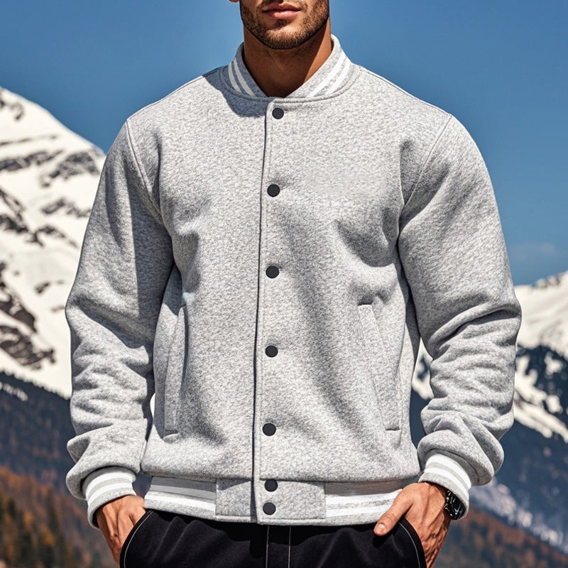 Cross-Border Men's Autumn and Winter Fleece American Retro Baseball Jacket Loose Casual Stand Collar Single-Breasted Men's Coat by DERILUJA LLC