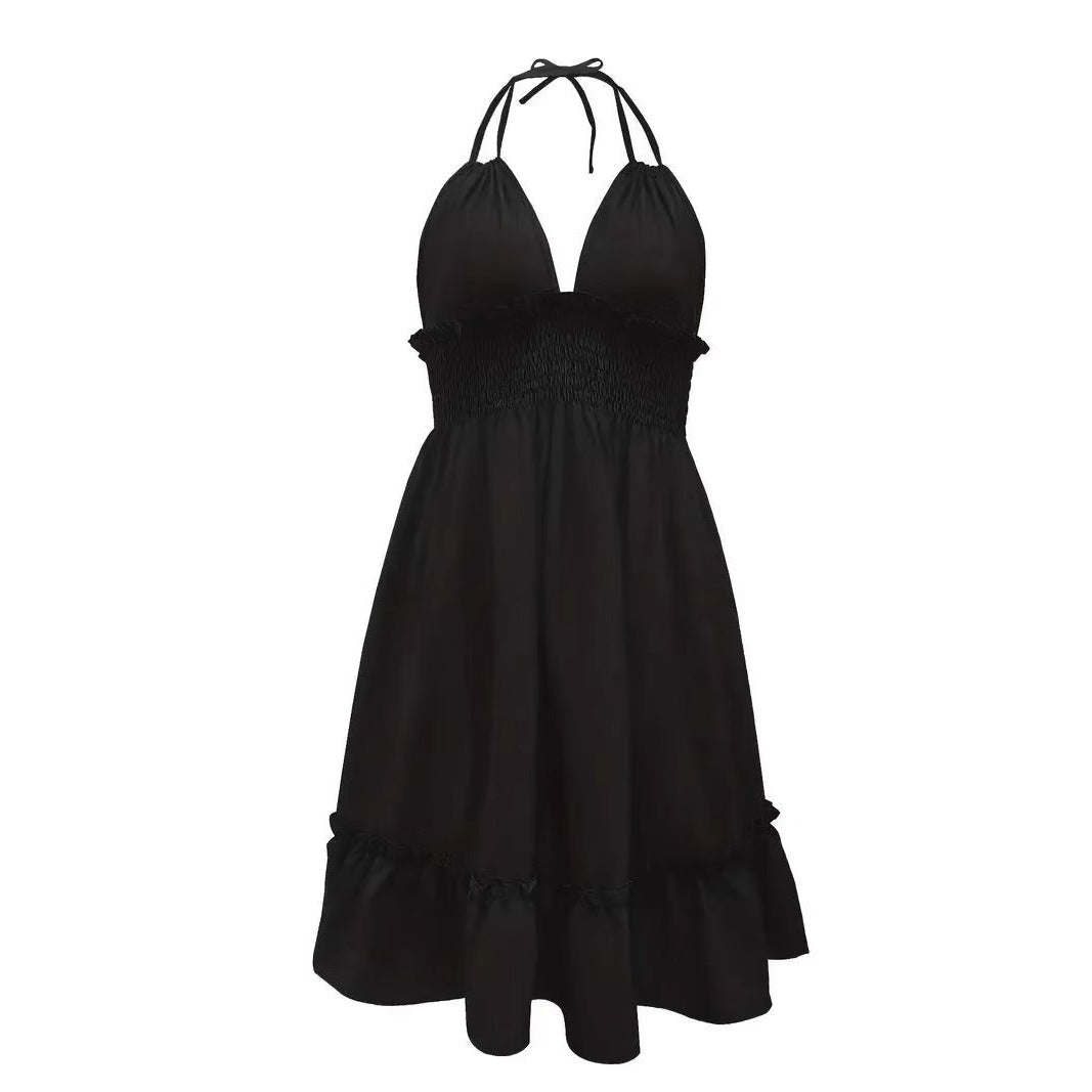 European and American Amazon Cross-Border Popular Women's Clothing Deep V Rope Suspender Parallel Pleated Sexy Dress Beach Degree by DERILUJA LLC