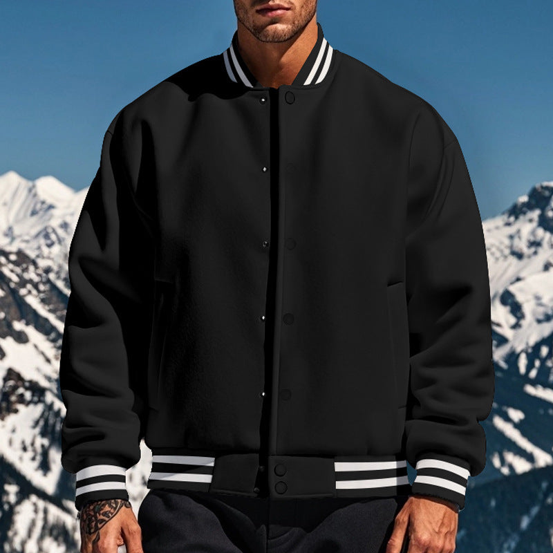 Cross-Border Men's Autumn and Winter Fleece American Retro Baseball Jacket Loose Casual Stand Collar Single-Breasted Men's Coat by DERILUJA LLC