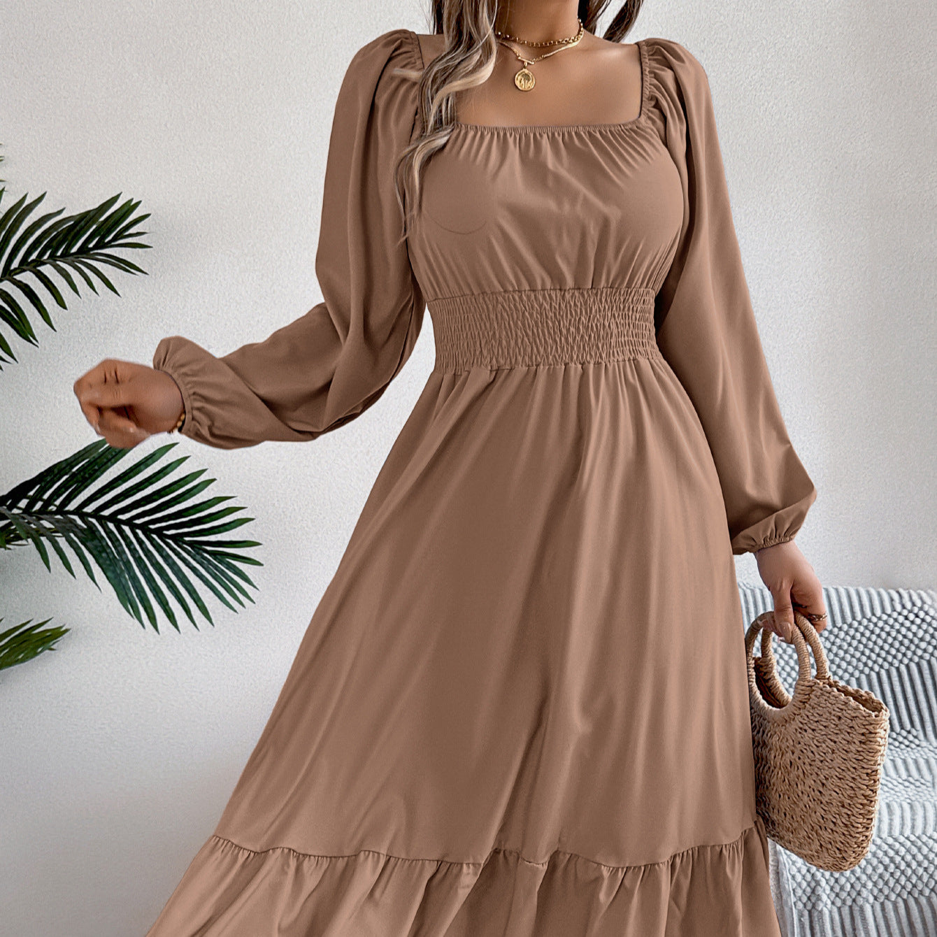 2026 Spring/Summer European and American Casual Solid Color Square Neck Long Sleeve Waist-Cinching Ruffle A-Line Dress Amazon Cross-Border Women's Clothing by DERILUJA LLC