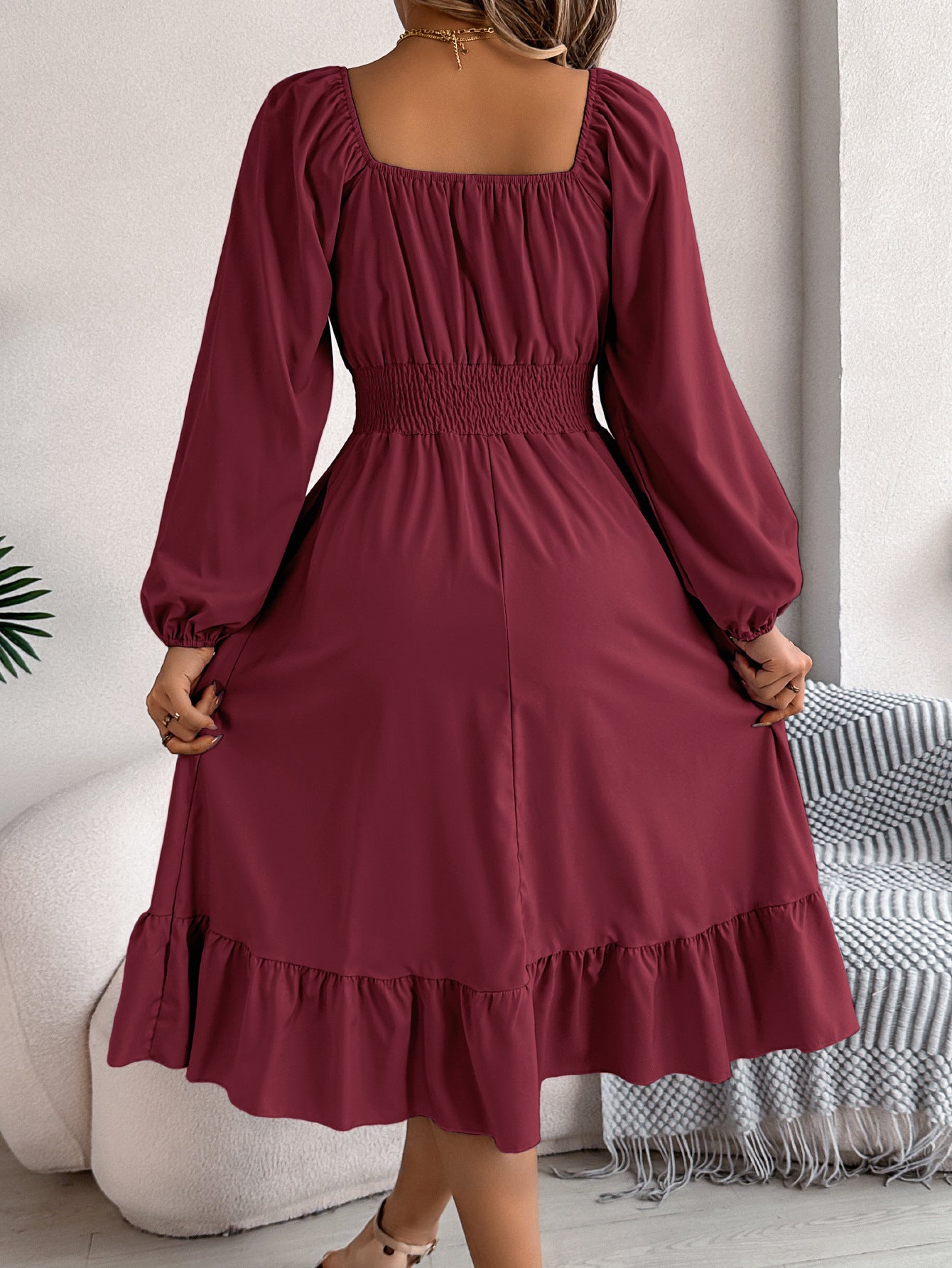 2026 Spring/Summer European and American Casual Solid Color Square Neck Long Sleeve Waist-Cinching Ruffle A-Line Dress Amazon Cross-Border Women's Clothing by DERILUJA LLC