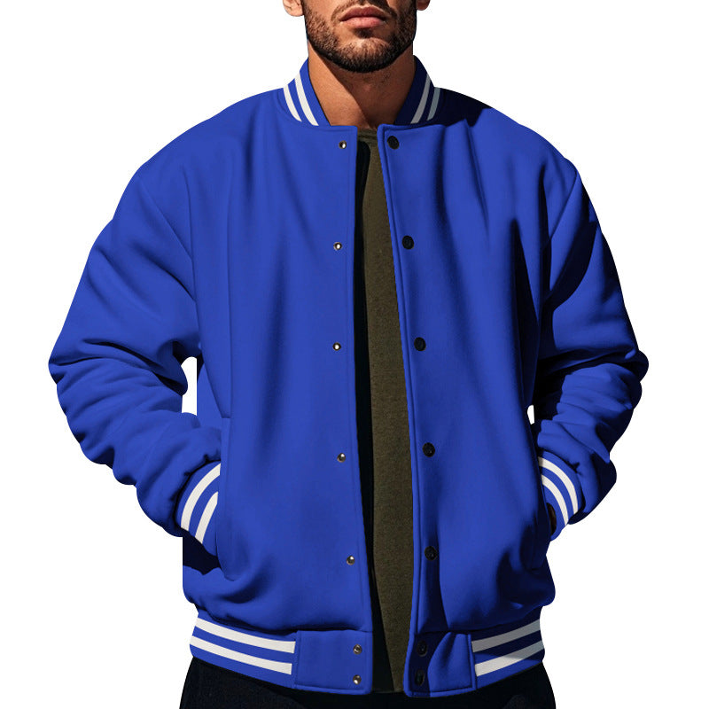 Cross-Border Men's Autumn and Winter Fleece American Retro Baseball Jacket Loose Casual Stand Collar Single-Breasted Men's Coat by DERILUJA LLC