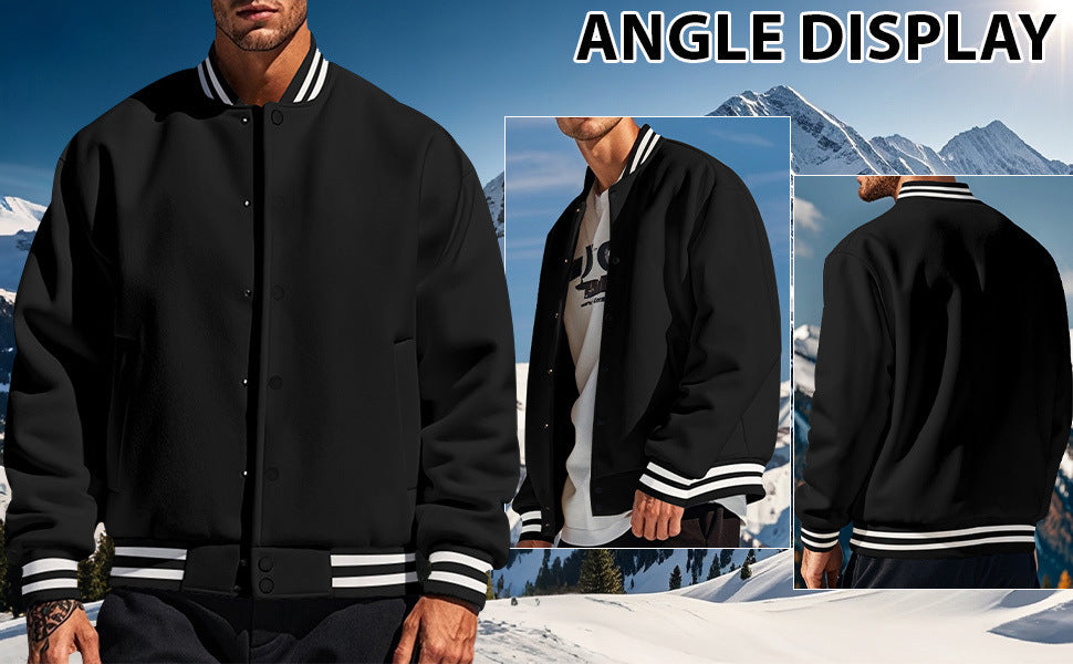 Cross-Border Men's Autumn and Winter Fleece American Retro Baseball Jacket Loose Casual Stand Collar Single-Breasted Men's Coat by DERILUJA LLC