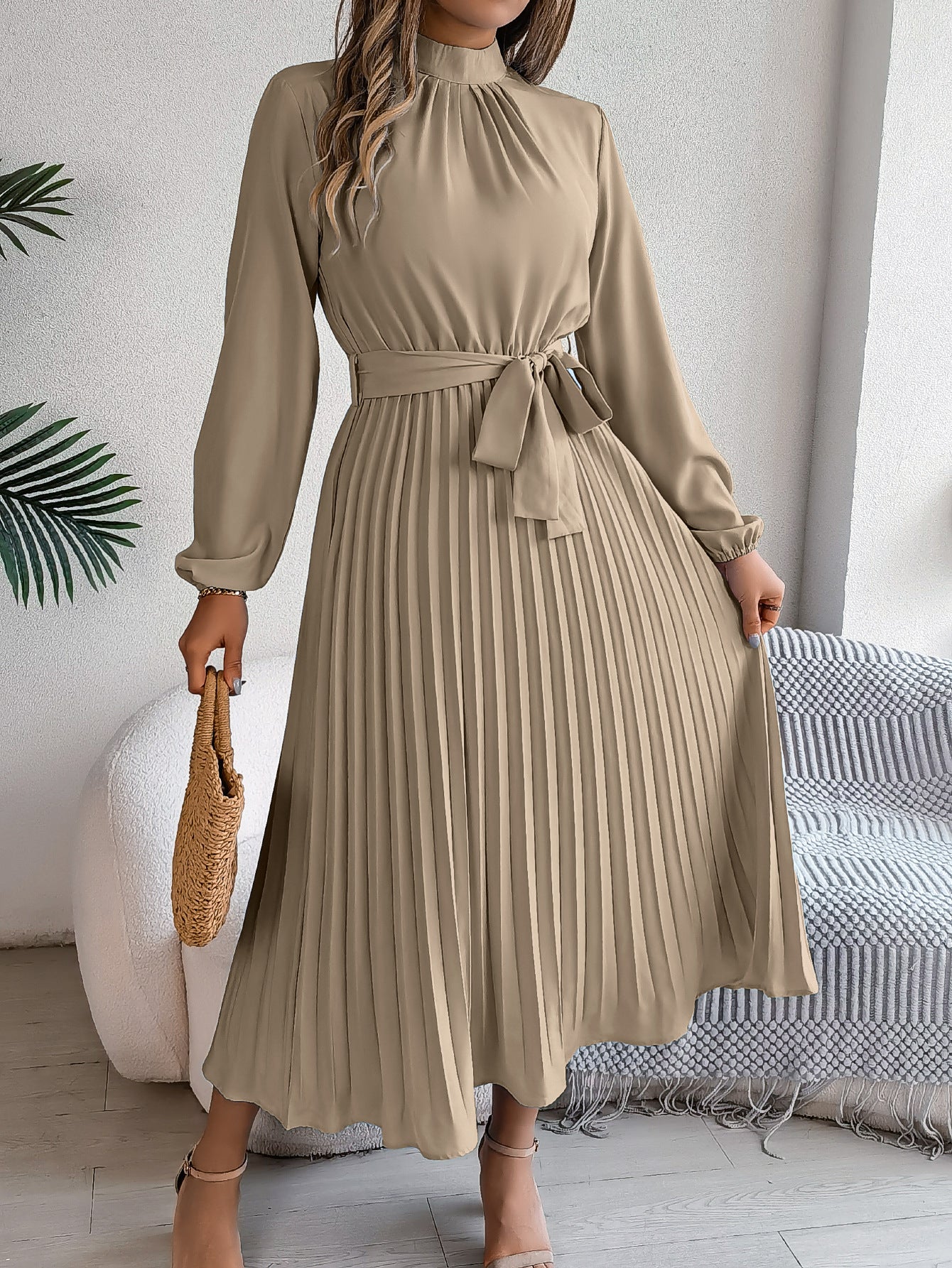 2026 European and American Spring/Summer Elegant Stand Collar Long Sleeve Waist-Cinched Pleated Long Dress Mini Dress Amazon Cross-Border Women's Clothing by DERILUJA LLC