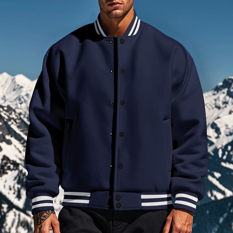 Cross-Border Men's Autumn and Winter Fleece American Retro Baseball Jacket Loose Casual Stand Collar Single-Breasted Men's Coat by DERILUJA LLC