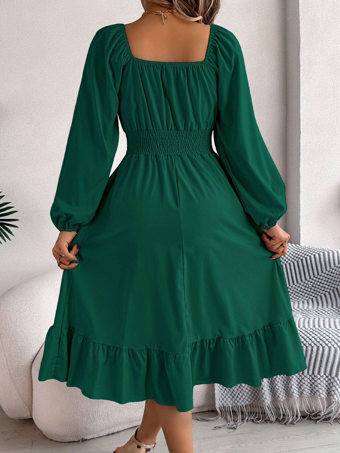 2026 Spring/Summer European and American Casual Solid Color Square Neck Long Sleeve Waist-Cinching Ruffle A-Line Dress Amazon Cross-Border Women's Clothing by DERILUJA LLC