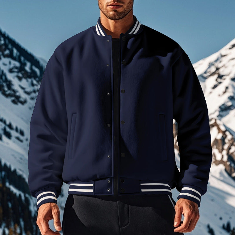 Cross-Border Men's Autumn and Winter Fleece American Retro Baseball Jacket Loose Casual Stand Collar Single-Breasted Men's Coat by DERILUJA LLC