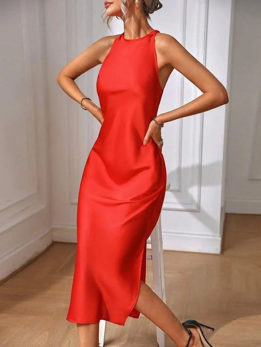 European and American Cross-Border Amazon Satin Dress Women's Spring and Summer Sleeveless Slit Satin Imitation Silk Long Skirt by DERILUJA LLC