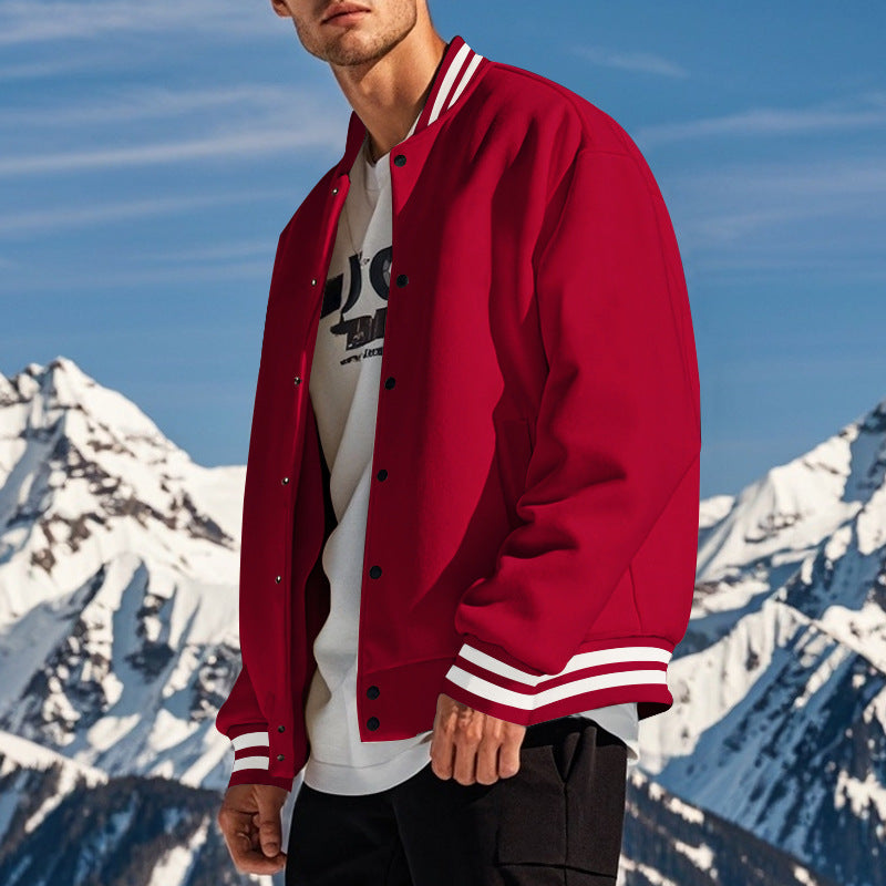 Cross-Border Men's Autumn and Winter Fleece American Retro Baseball Jacket Loose Casual Stand Collar Single-Breasted Men's Coat by DERILUJA LLC