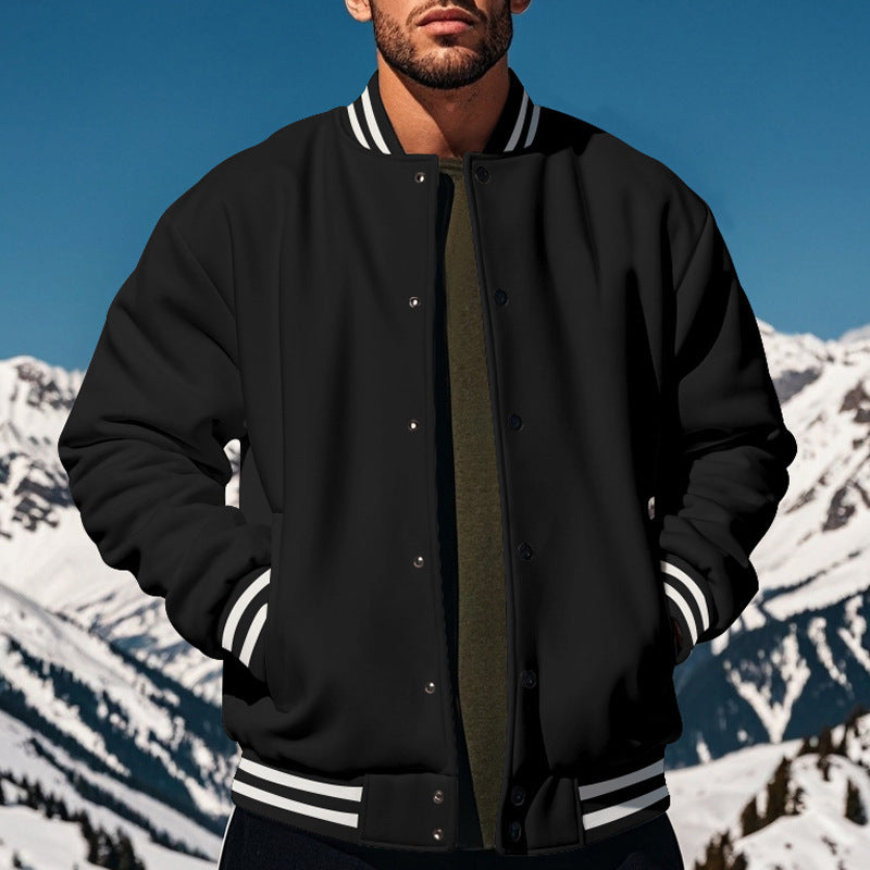 Cross-Border Men's Autumn and Winter Fleece American Retro Baseball Jacket Loose Casual Stand Collar Single-Breasted Men's Coat by DERILUJA LLC