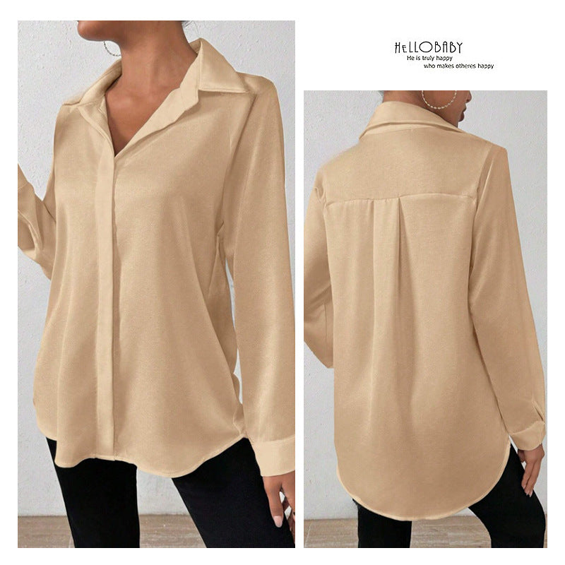 Cross-Border European and American Clothing Satin Shirt Women's Satin Imitation Silk Long-Sleeved Shirt European and American Export Cross-Border Women's Clothing by DERILUJA LLC